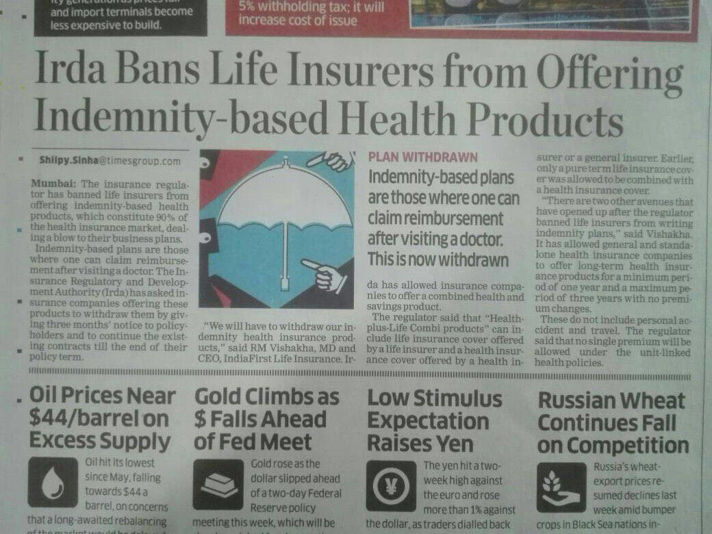nirajain's tweet image. IRDA Bans Indemnity based health Insurance plans. What's your take @BajajAllianzLIC @ICICIPruLife #indiainsurance