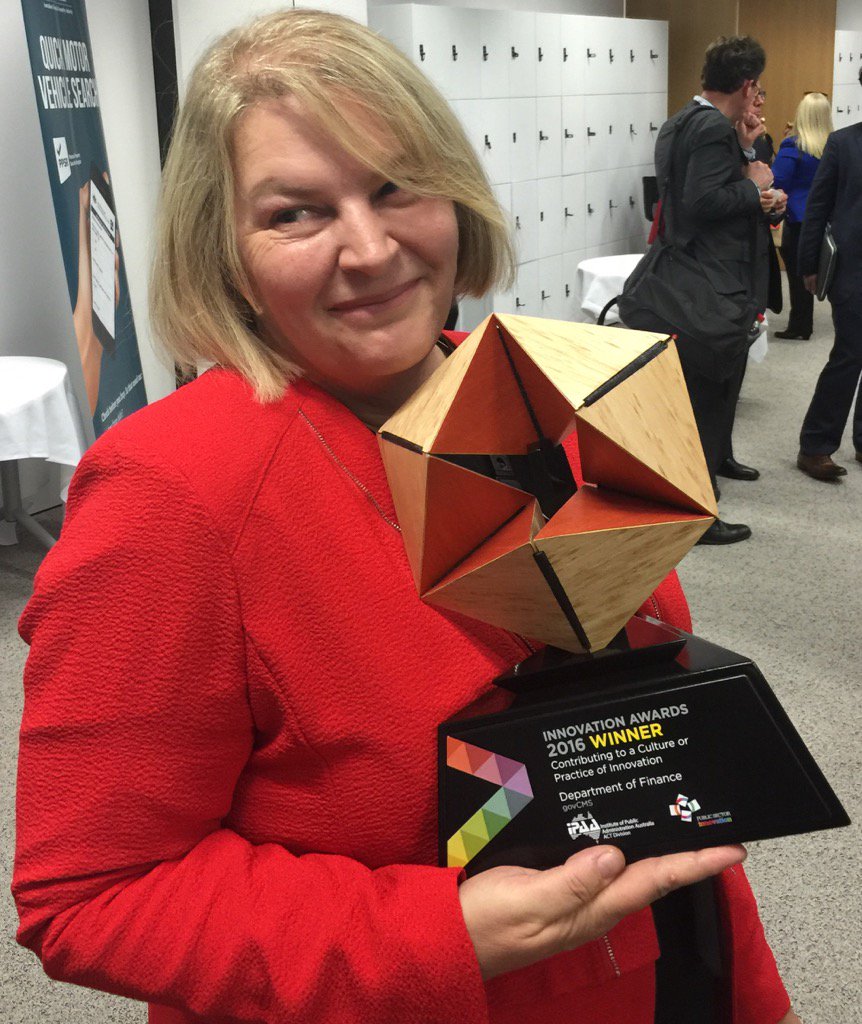 sherro58's tweet photo. And the winner is ... @AusGovCMS and the trophy designed by @questacon, held by @kraazykiwi for the team #innovation https://t.co/zW1rB7Re79