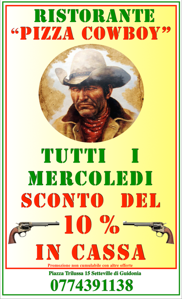 PizzaCowboy1's tweet photo. #mercoledí #sconto10% #gastronomia #roma #ristorante #pizzacowboy #7ville #guidonia #pizzeria https://t.co/zxEpUxJMra