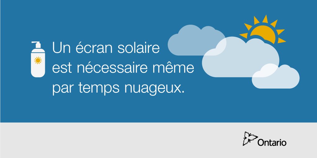 ONTSante's tweet image. Évitez trop d'exposition au soleil. Même par temps nuageux, il faut porter un #écransolaire ow.ly/HV4l302ay5v