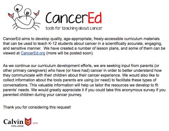 CalvinCancerEd's tweet image. @TreatdiariesCEO Hi Amy! We’d love your help! calvin.co1.qualtrics.com/SE/?SID=SV_0Mn…