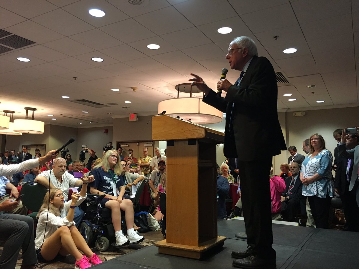 paulheintz's tweet image. At #vt delegation breakfast, @BernieSanders assails @realDonaldTrump as a "demagogue."
