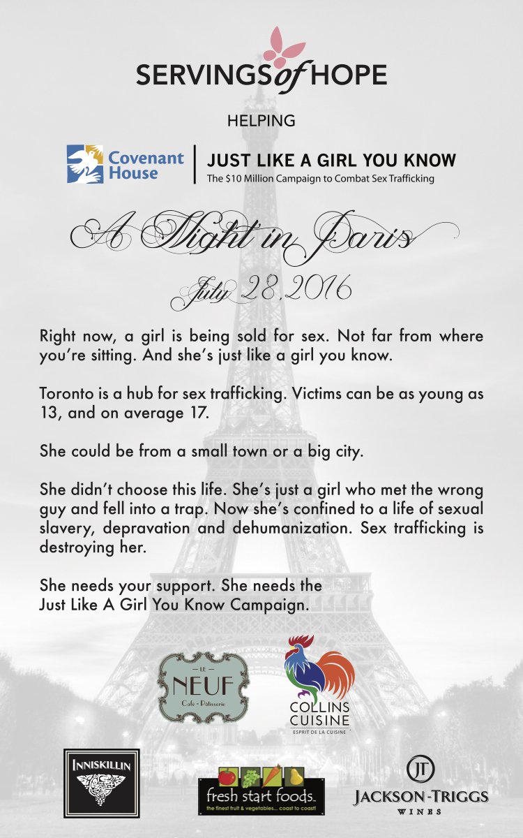 JonathanCollins's tweet image. @CovenantHouseTO "Servings of Hope" #JustLikeaGirlYouKnow The $10 Million Campaign to Combat Sex Trafficking