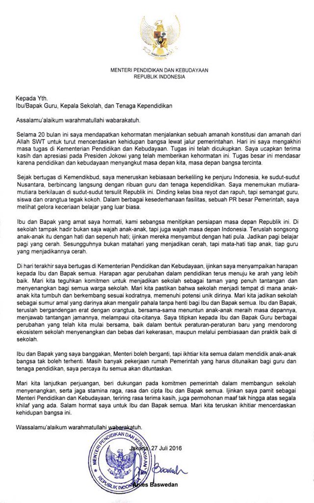 Farewell letter Mas <a href="/aniesbaswedan/">Anies Rasyid Baswedan</a> sbg mendikbud kepada para guru &amp; penggiat pendidikan. Syedih akuh 😭