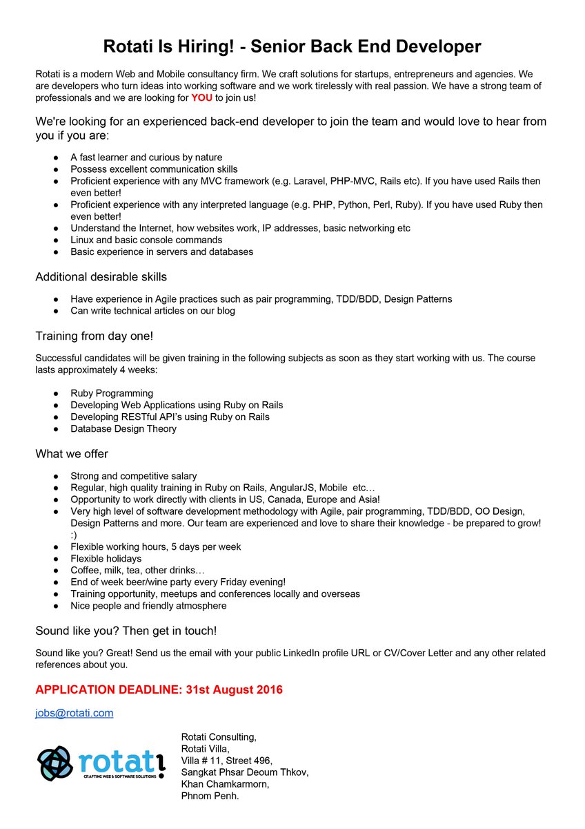 rotaticonsult's tweet photo. Job Openings at Rotati Co., Ltd.
Rotati Is Hiring! - Senior Back End Developer.
Details: https://t.co/awIAgEUyAY https://t.co/b86PRnXwl8