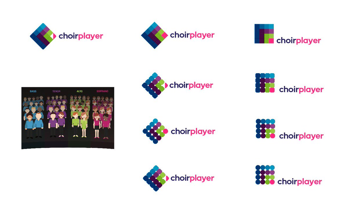 Here’s some initial logo designs for a new Choir app, designs based on formation of the coloured choral ‘groups’