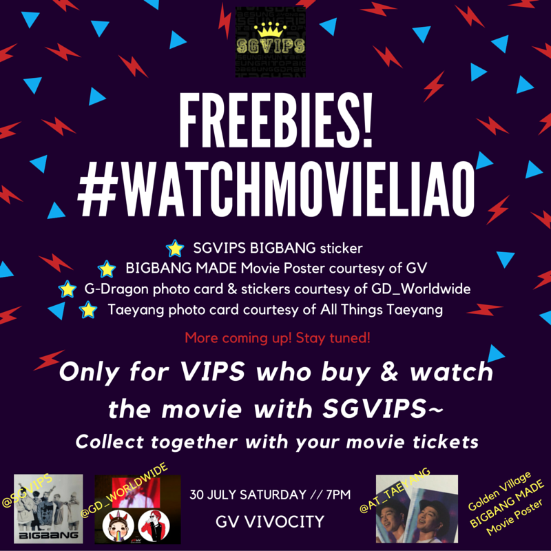 SGVIPS's tweet photo. As a thank you for your support, freebies for all who buy #BIGBANG #MADE Movie with #SGVIPS and watching with us! https://t.co/g9gsvQUeib
