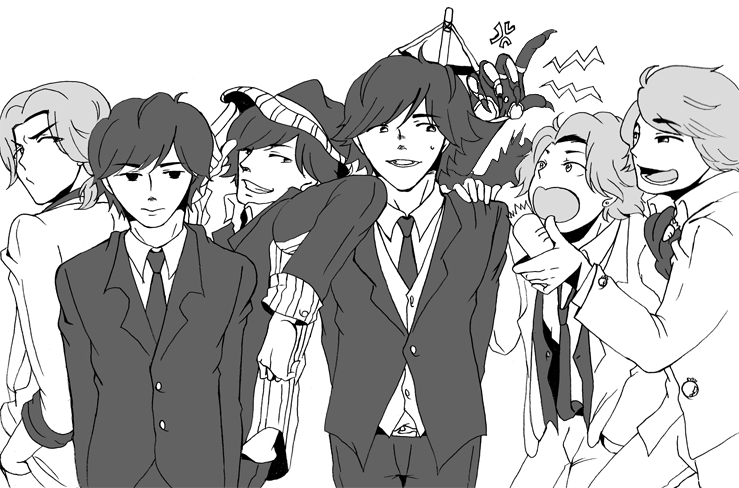 かなり前に流行ったスーツ着せて色塗らずに今すぐ並べて描くんだ、のタグのやつを今さら描いた 翔一、映司、チェイス、たっくん、真司、翔太郎 さあ誰が誰かな!? 