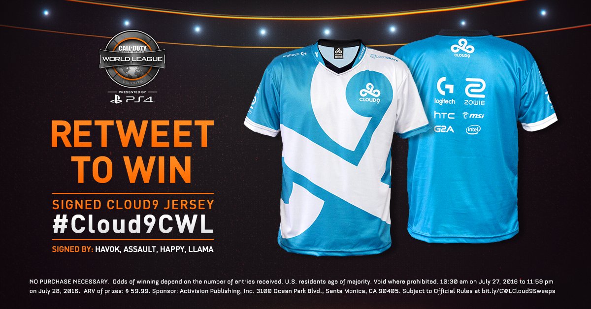 CODLeague's tweet photo. Giveaway: Follow and RT for a chance to win a signed @Cloud9 jersey! #Cloud9CWL

Rules: https://t.co/q1EwJh5HoU https://t.co/KRZe9Fs3kQ