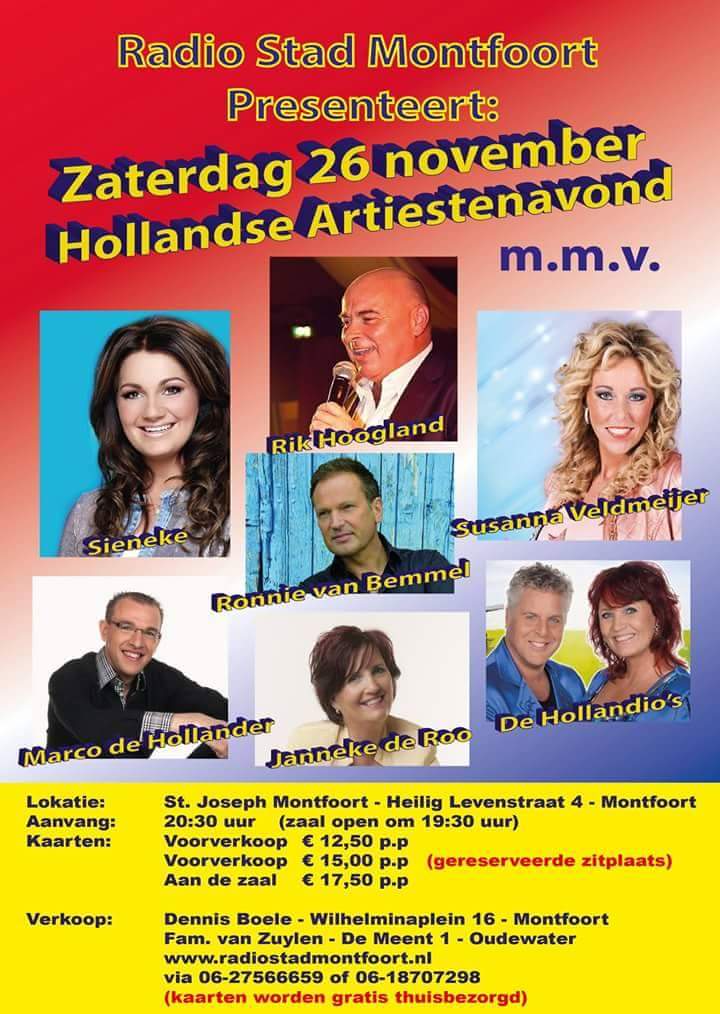 26 november terug in Montfoort! Ook <a href="/ZangeresSusanna/">Susanna Veldmeijer</a> <a href="/Sienekemusic/">Sieneke</a> <a href="/dehollandios/">dehollandio's</a> en <a href="/RonnievanBemmel/">Ronnie van Bemmel</a>