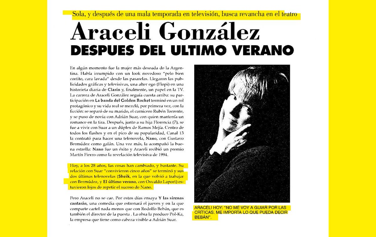 resistearchivo's tweet photo. #Julio1996 Luego de fracasar con Sheik y El último verano, Araceli González probará suerte en el teatro. https://t.co/u8nFICWZS0