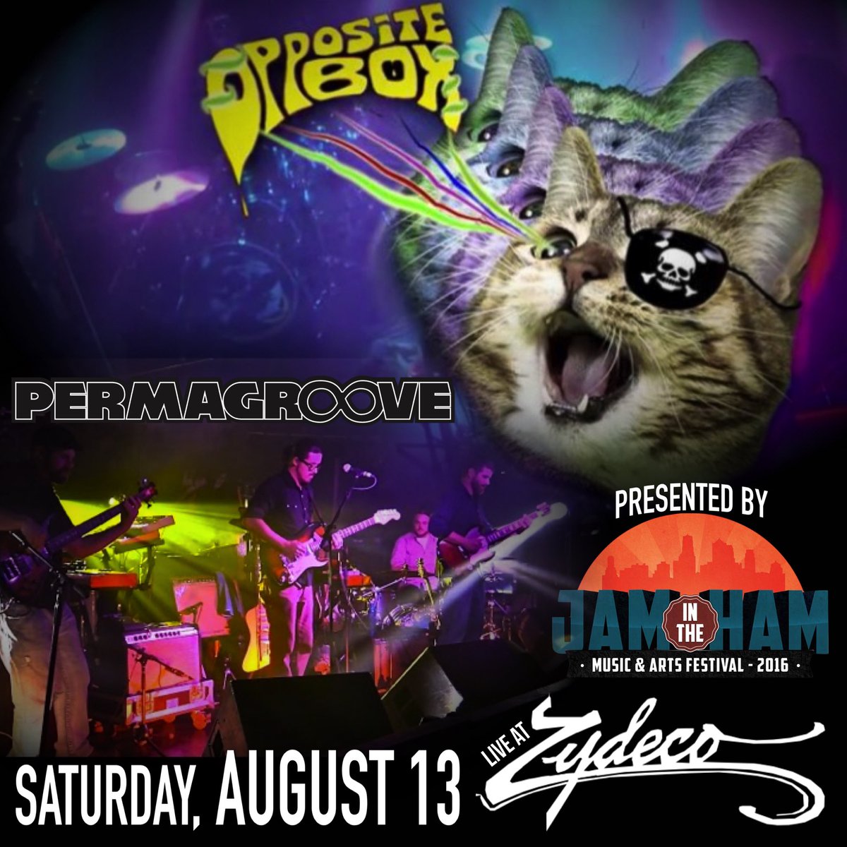 Mark your calendars for Sat, Aug 13. Jam in the Ham presents <a href="/Permagroove/">Permagroove</a> &amp; <a href="/OppositeBox/">Opposite Box</a> together <a href="/Zydecobham/">Zydeco</a> !
