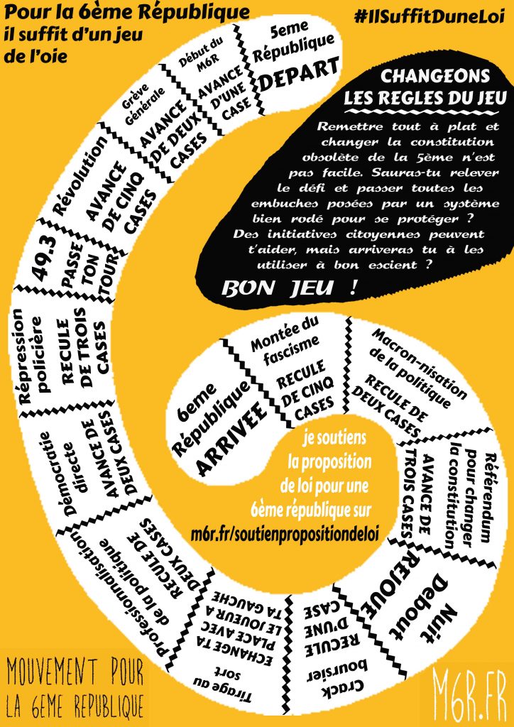Mouv6eRep's tweet image. La 6ème République, un jeu de loi ! #IlSuffitDuneLoi m6r.fr/soutienproposi…
