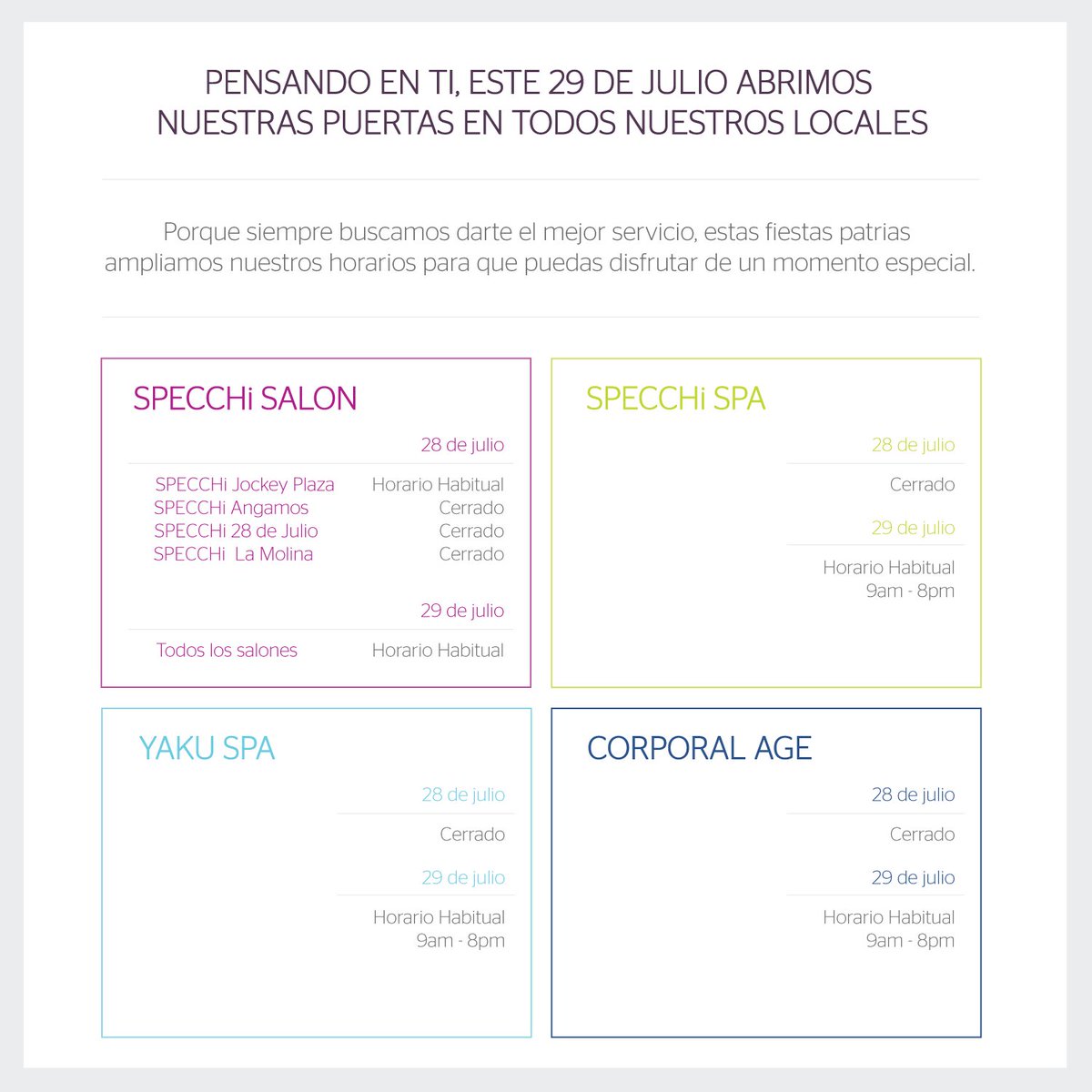 SpecchiSalon's tweet photo. ¡Conoce nuestros horarios este feriado! #SPECCHiSalon #SPECCHiSpa #YakuSpa #CorporalAge https://t.co/vKZR8pwoTS