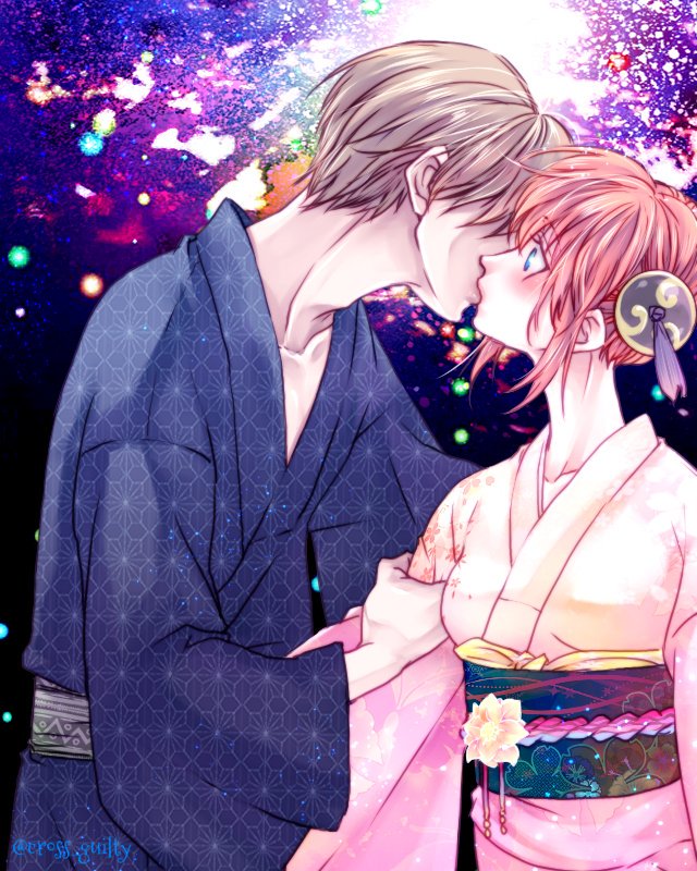 神谷さとる 疲れてます キス注意 夏祭り宵闇花火の下で伝える愛 1枚目 影あり 2枚目 影無し 見易い 沖神浴衣デートで不意打ちキス