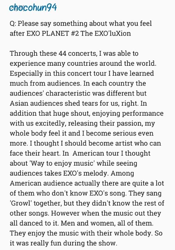 chocohun94's tweet photo. EXO'luXion Pictorial Magazine

Q: Please say something about what you feel after EXO PLANET #2 The EXO'luXion https://t.co/FramqTPKQc