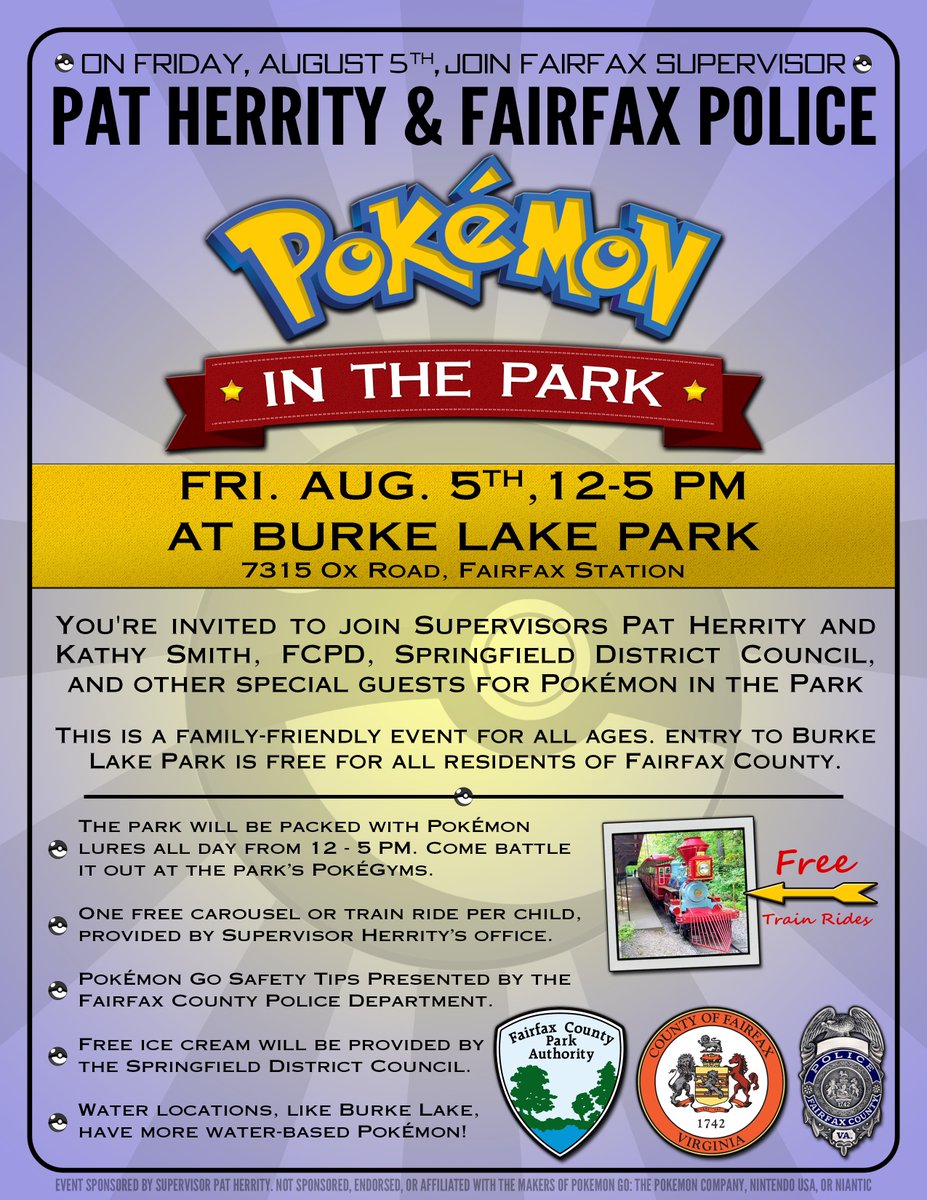 PatHerrity's tweet photo. Join us at Pokémon in the Park! @fairfaxparks @fairfaxpolice @SullySupervisor @TimHugo @PokemonGoDC https://t.co/ID9kzeg1rB