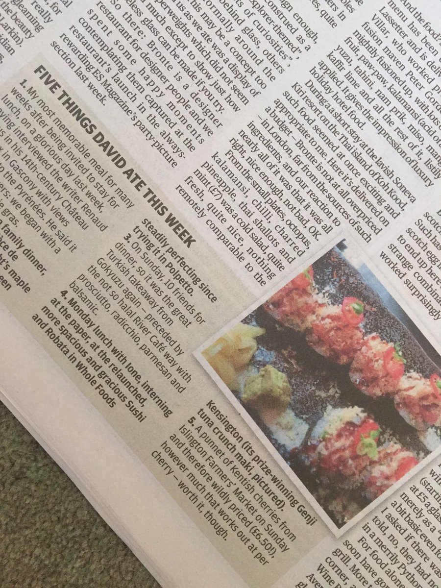 Great to see the award 🏆 winning Genji Tuna Crunch🍣 at <a href="/SushiRobataLDN/">Sushi & Robata LDN</a> featured in <a href="/standardnews/">Standard News</a> 5 things this week!
