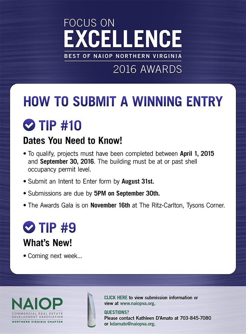 Tip Wednesday and the Top Ten Tips on what you need to know to submit a winning award entry.  #10... #naiopvaawards