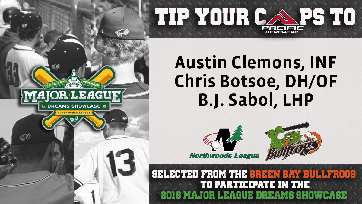 NWLbaseball's tweet photo. NWL &amp; Official Game Cap @pacificheadwear tip our caps to the @GBBullfrogs in the Major League Dreams Showcase https://t.co/5n8JwPR0xC