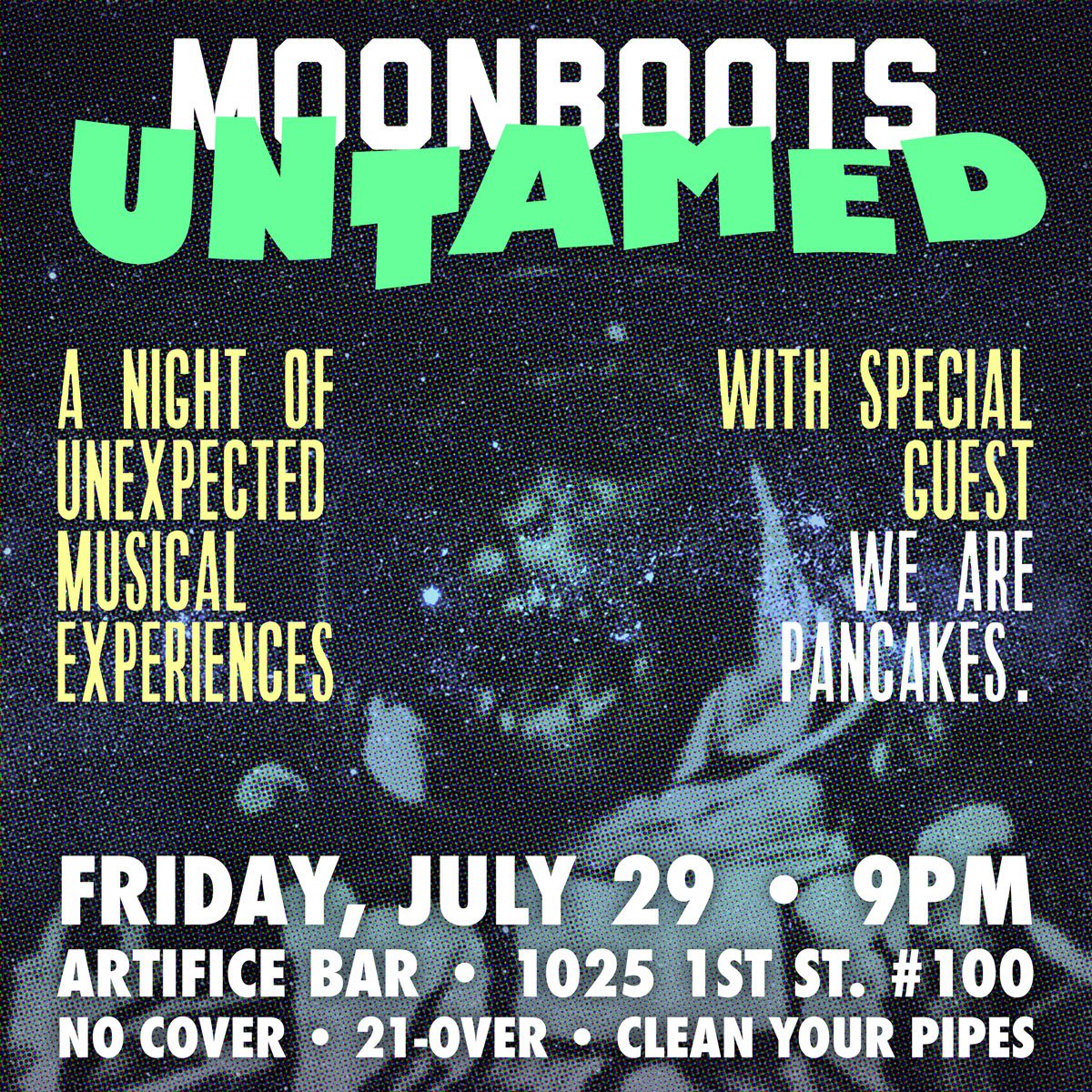 Uh, guys, we're gonna make some beautiful music with We Are Pancakes this Friday night <a href="/artificebar/">Artifice Bar</a>. Come get weird.
