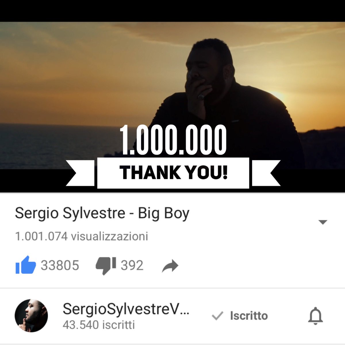 SergioSylvestre's tweet photo. Dopo 4mln del LyricVideo, il mio primo milione del video ufficiale!I love you BigHearts! 💙 #sergiosylvestre #bigboy https://t.co/WK8mDD77Ne