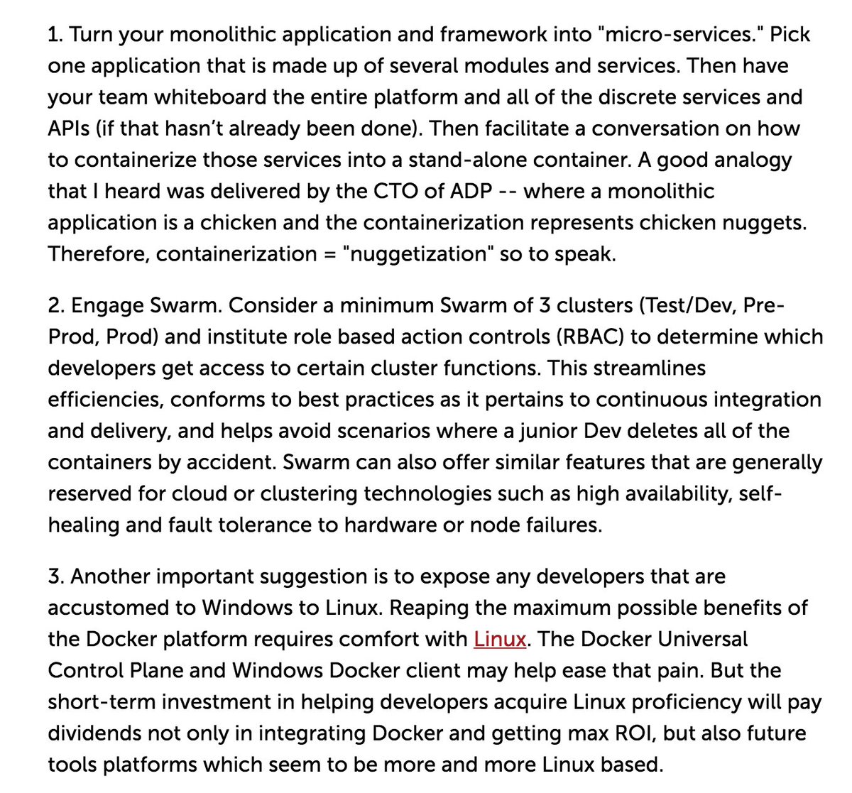 mfdii's tweet image. Getting started with Docker: 1) Rewrite your app, 2) Use Swarm, 3) Re-platform to Linux. Easy Peasy.