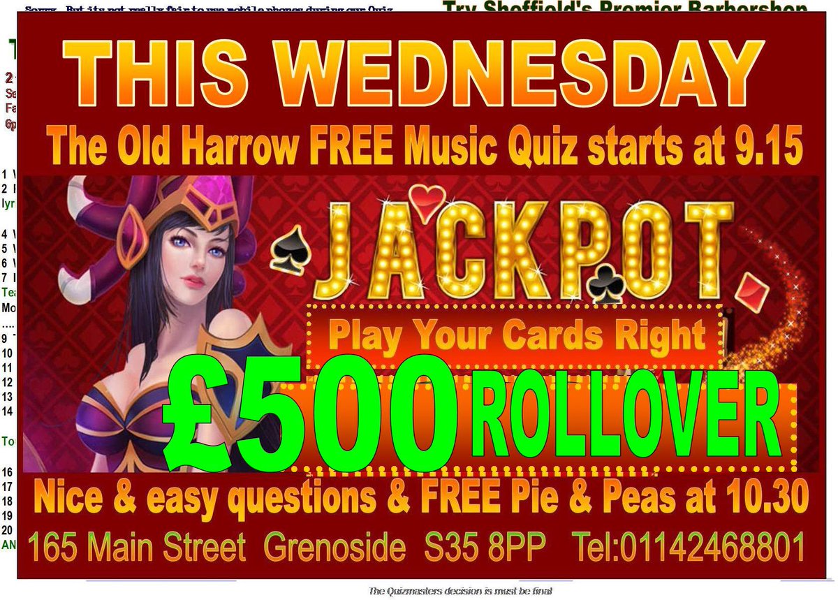 £500 rollover tonight and a Free pie n pea supper!starts around 9.15 be early for seat #quiznight