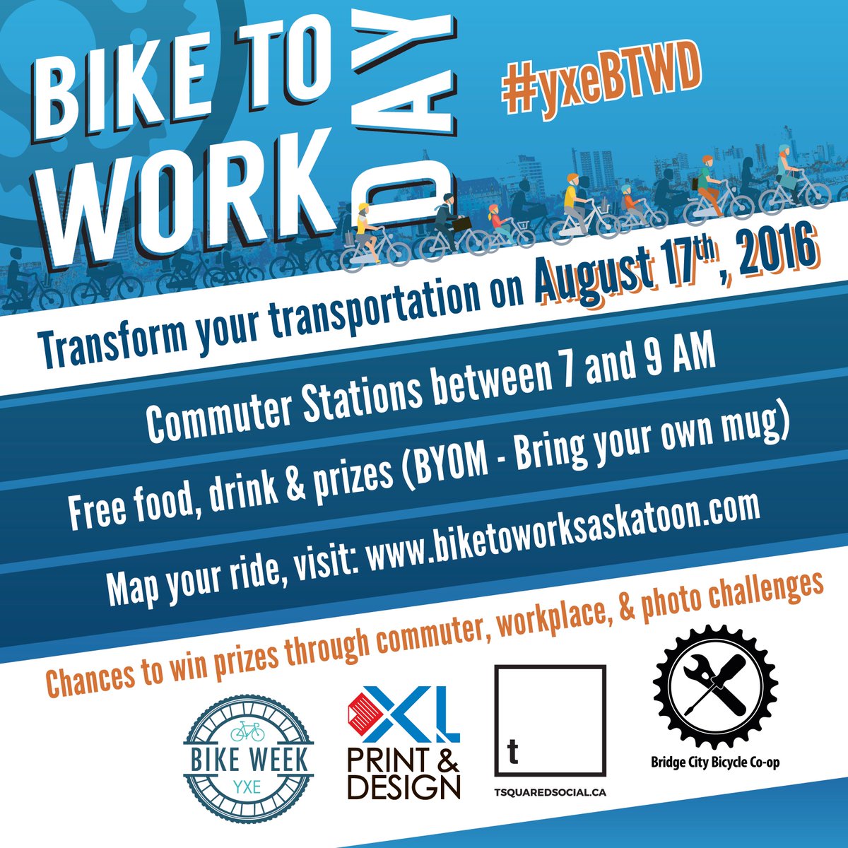 Mark your calendars for August 17 - Bike to Work Day is on its way! Bigger and better than ever this year #yxeBTWD