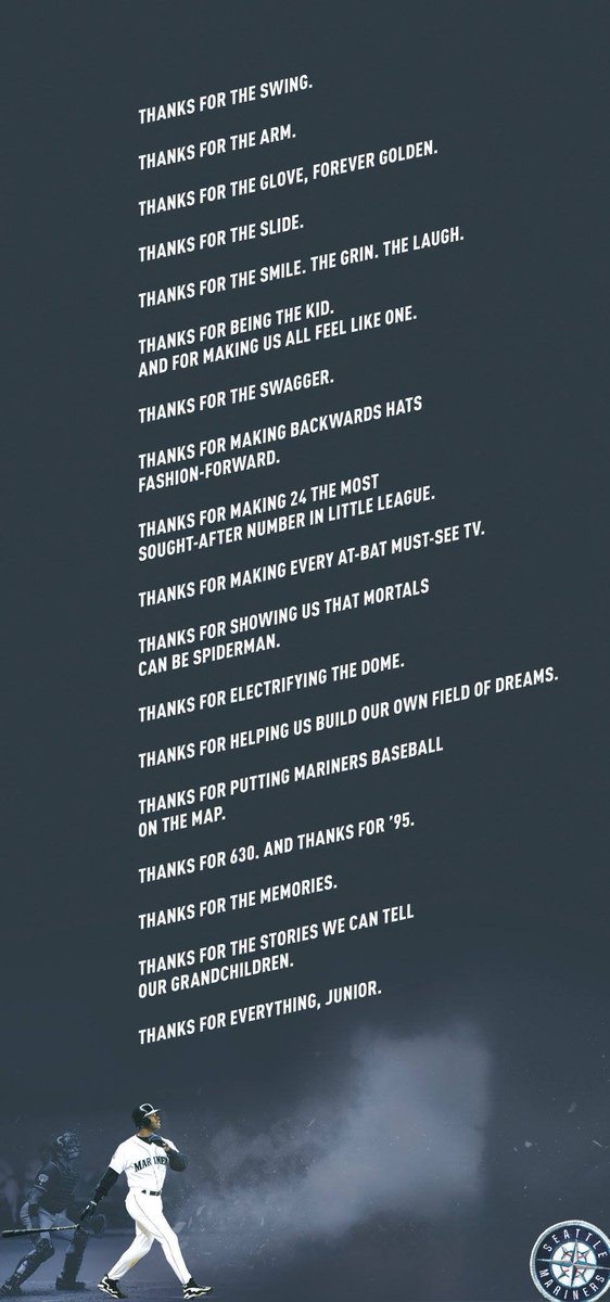 Adweek's tweet image. Ken Griffey Jr. gets a lovely tribute ad from the @Mariners and their longtime agency: adweek.it/2an15Q1