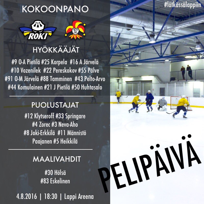 rokihockey's tweet photo. PELIPÄIVÄ! #pelipäivä #rokihockey #siniset #mestis #lappiareena #lätkässälappiin #luihinjaytimiin #@jokerithc #KHLfi https://t.co/5rfoZvM4GI