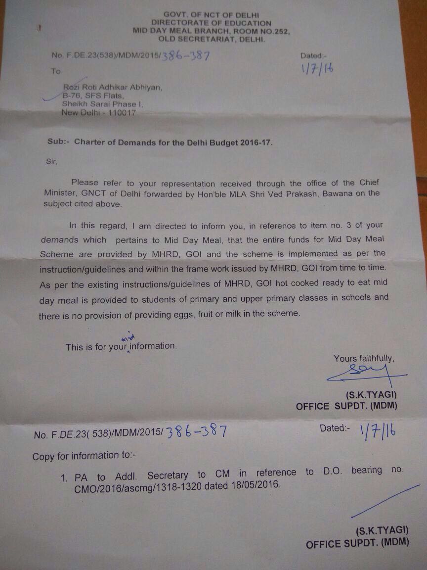 roadscholarz's tweet photo. Pathetic response from Delhi govt to an rti on adding eggs, milk fruit to mdm. @AashishKhetan @AtishiMarlena https://t.co/ystndquvKc