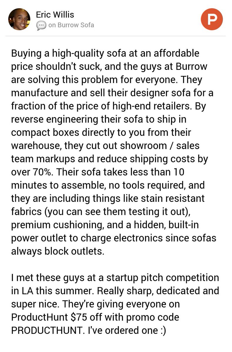 💬 <a href="/erictwillis/">Eric</a>'s thoughts on Burrow Sofa on <a href="/ProductHunt/">Product Hunt 😸</a> producthunt.com/tech/burrow-so…