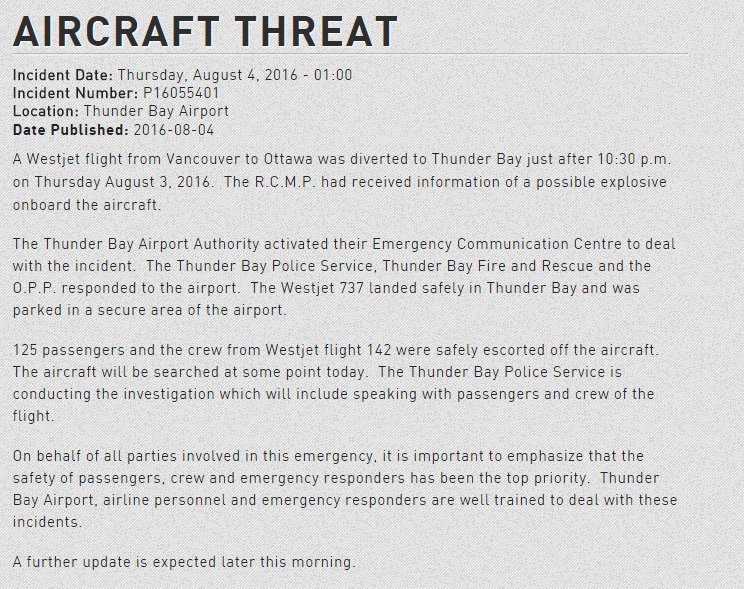 EmilyLazatin's tweet photo. Release from Thunder Bay Police on flight #WS142 diverted to TB from Vancouver to Ottawa, 125 passengers safe. https://t.co/0r30OKZ7VM