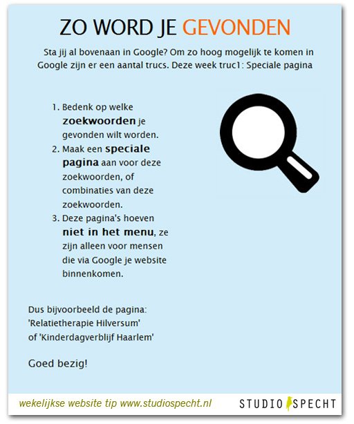 StudioSpecht's tweet photo. Zo word je gevonden! #website #tip #zoekmachine #optimalisatie. Meer tips? https://t.co/RNxBs5FWkS https://t.co/kg9oXYm5nE