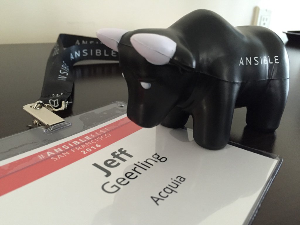 geerlingguy's tweet photo. @AnsiBull acquisition - mission accomplished! #AnsibleFest https://t.co/mOj02S4Qd9