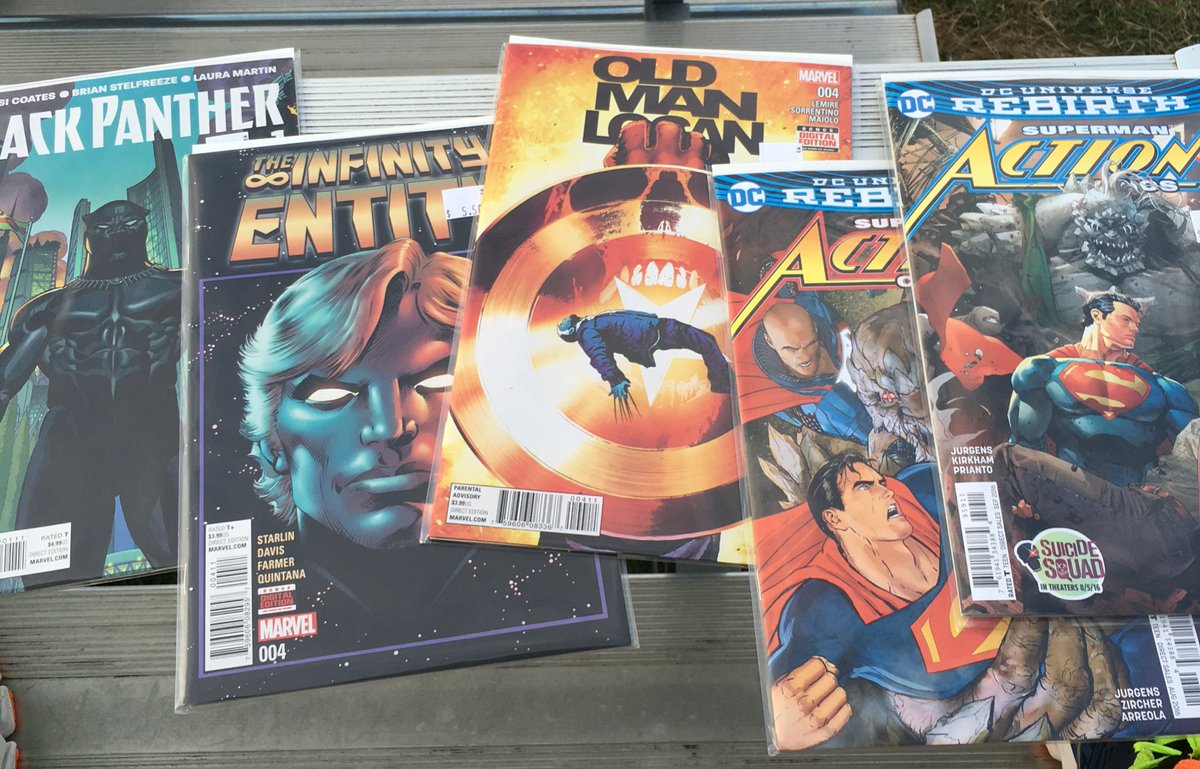 jasonajolly's tweet photo. #SoccerReading #BlackPanther 1, #InfinityEntity 4, #OldManLogan 4, #ActionComics 958 & 959 https://t.co/hI6Y2R6nR5
