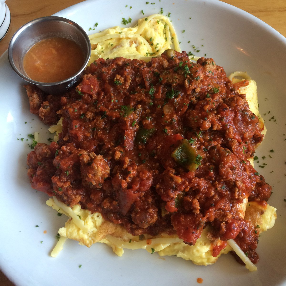 Eggs Bolognese from <a href="/26beach/">26 Beach</a>, terrific. But the Diablo #Habanero Sauce...even better!
#spicy #food #hotsauce