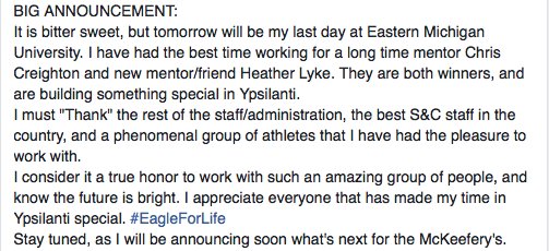 RMcKeefery's tweet photo. Tomorrow is my last day w/@EMUAthletics.  Thx to everyone that has made my time special.  Stay tuned for next stop! https://t.co/U3yB1BO2Gf