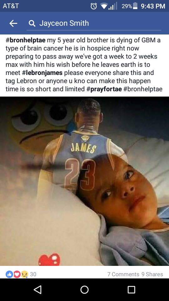 BrandonD401's tweet photo. Make this go viral please I need this little mans wish to come true ! @KingJames @NBA @SportsCenter @espn https://t.co/942rm6FwU4