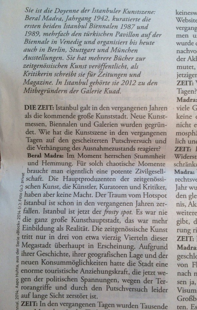 TimmTobias's tweet photo. "Die Atmosphäre der Angst ist spürbar." Die Istanbuler Kuratorin Beral Madra heute @DIEZEIT S. 44 @pluversum https://t.co/qSTbyyYyWr