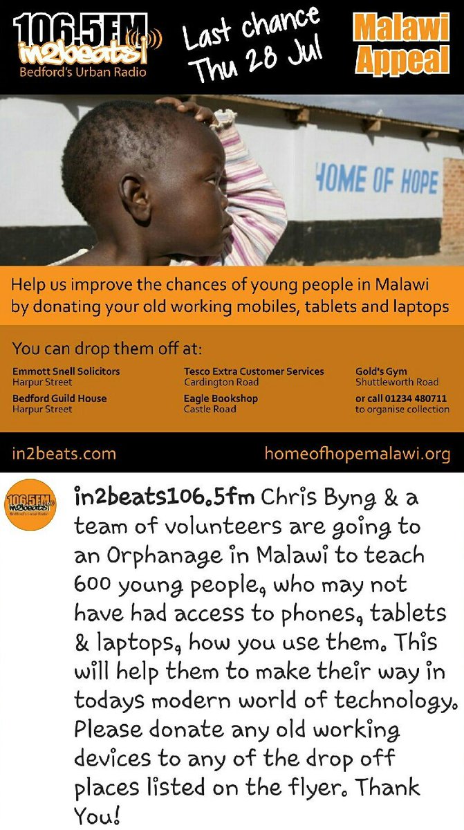IN2BEATS's tweet photo. Please RT
Malawi Appeal LAST DAY TODAY #ChrisByng #Donate #OldWorking #Laptops #MobilePhones #Tablets https://t.co/HWULrgnMTb