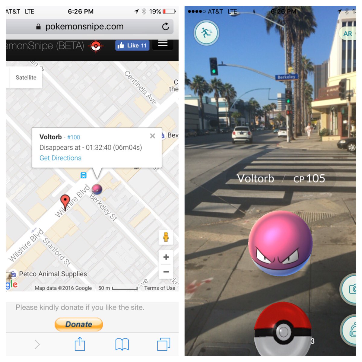 PokemonSnipe's tweet image. pokemonsnipe.com works!!  You can see #voltrob at Wilshire and Berkeley on map, we caught it there!  #pokemon
