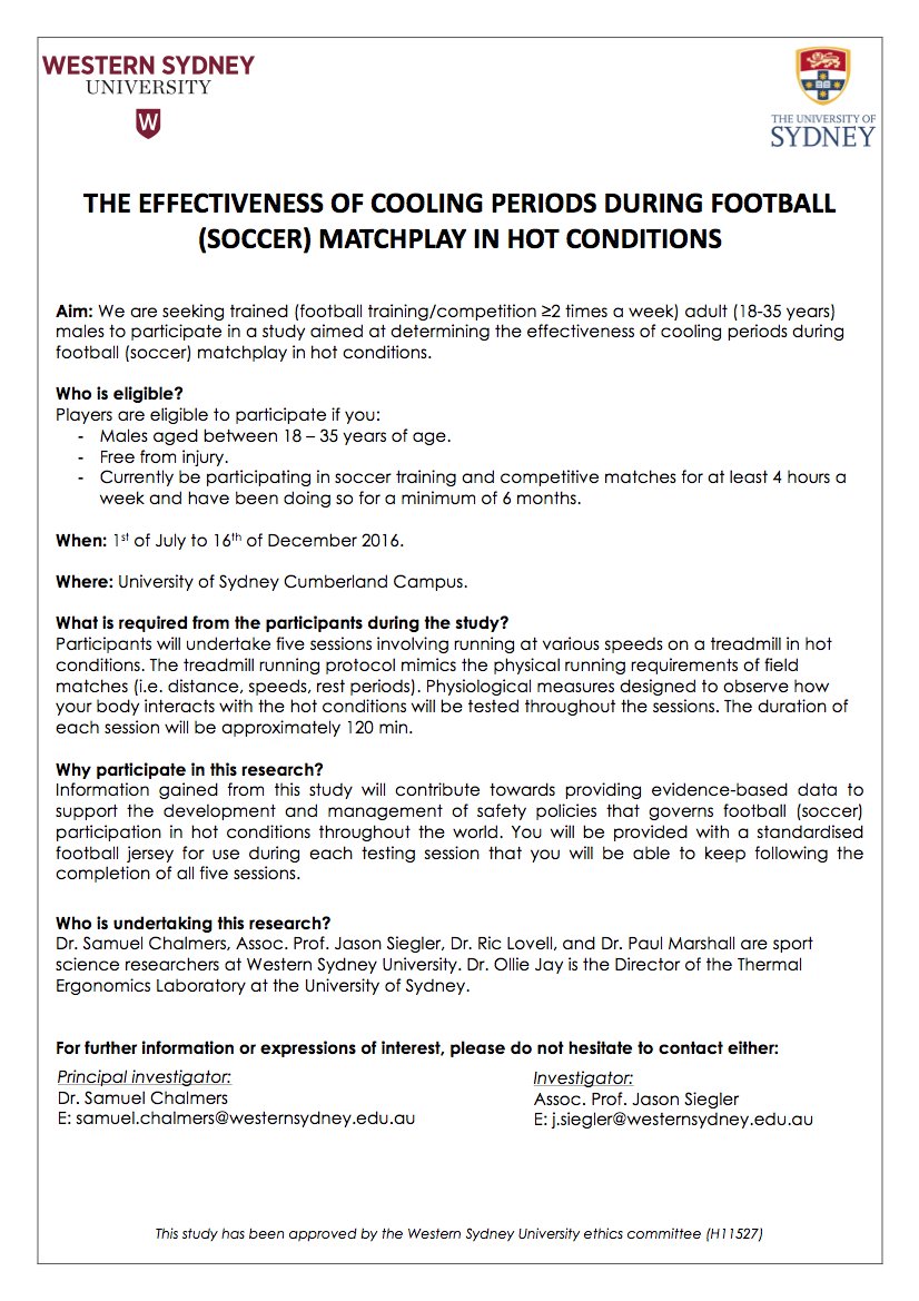 _samchalmers's tweet photo. Male footballers (soccer) needed for research looking at matchplay in hot temperature. Free jersey upon completion! https://t.co/yk0RHzfcf0