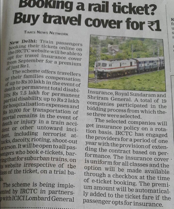 nirajain's tweet image. Great Initiative by @ICICILombard Travel Ins for your next train journey booked @ IRCTC for INR 1 #indiainsurance