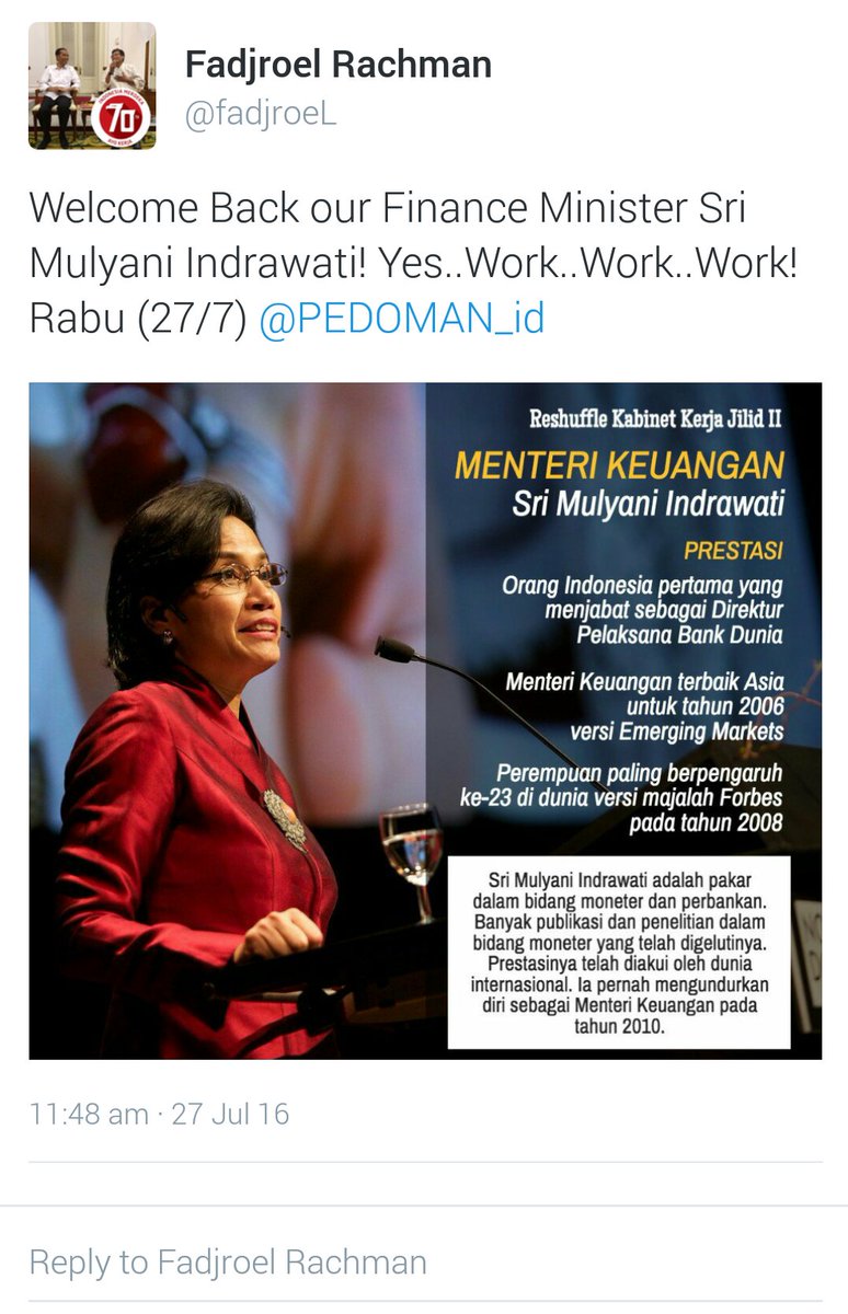 Tweetnya <a href="/fadjroeL/">Dr. M. Fadjroel Rachman</a> Jd bahan Lelucon di Dunmay
Sri Mulyani menolong Jokowi.
Tp msh ingatkah Fadjoel yg mencela SMI?