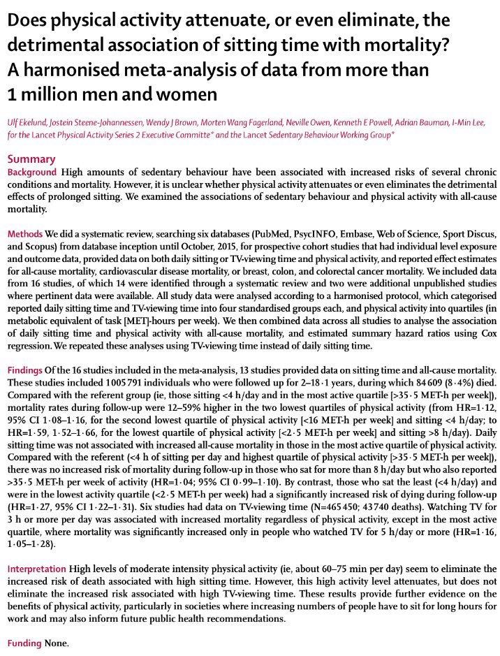TheLancet's tweet photo. One hour of physical activity per day could offset health risk of 8h of sitting #PhysAct2016 https://t.co/nbx3xsETRw https://t.co/GXhsEUFH4B