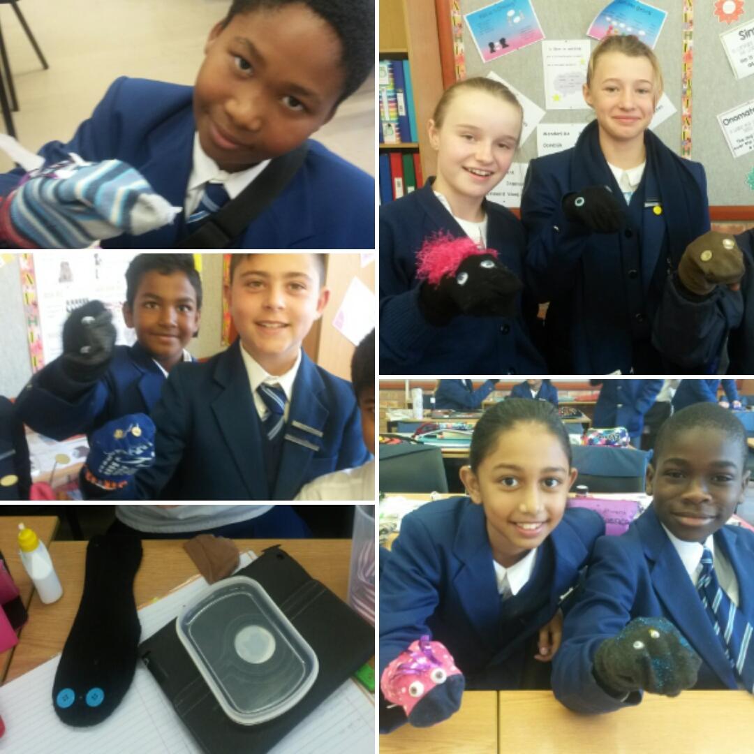 CrowleysClass's tweet image. The @ParklandsTweet Grade Fives making sock puppets for their Afrikaans dialogues #Afrikaansisfun #creativity