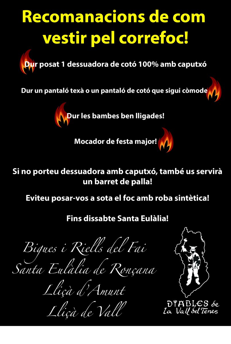 Consells pel #Correfoc dels <a href="/DiablesTenes/">Diables del Tenes</a> d'aquest dissabte a la nit a la plaça de l'Església.