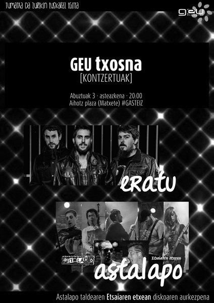 [KONTZERTUA] Eratu eta Astalapo taldeak Aihotz plazan Zeledon aurreko gauean!! #geutxosna 
alea.eus/gasteiz/146969…
